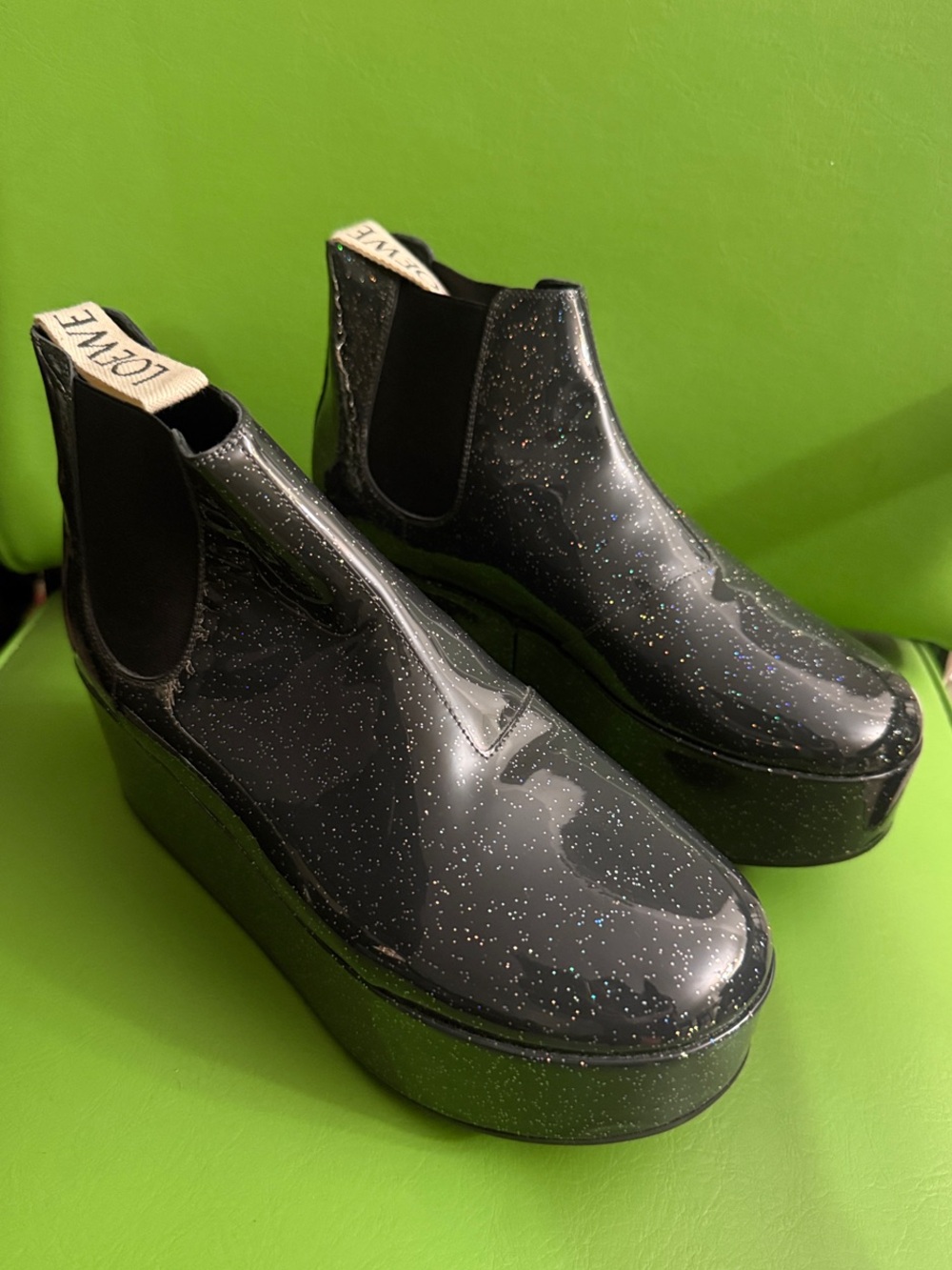 Loewe Black Glitter Platform Chelsea Boots